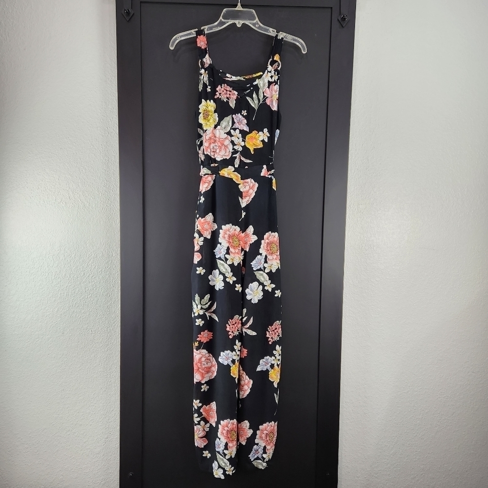 Derek Heart Black Floral Jumpsuit with Pink & Yellow Blooms